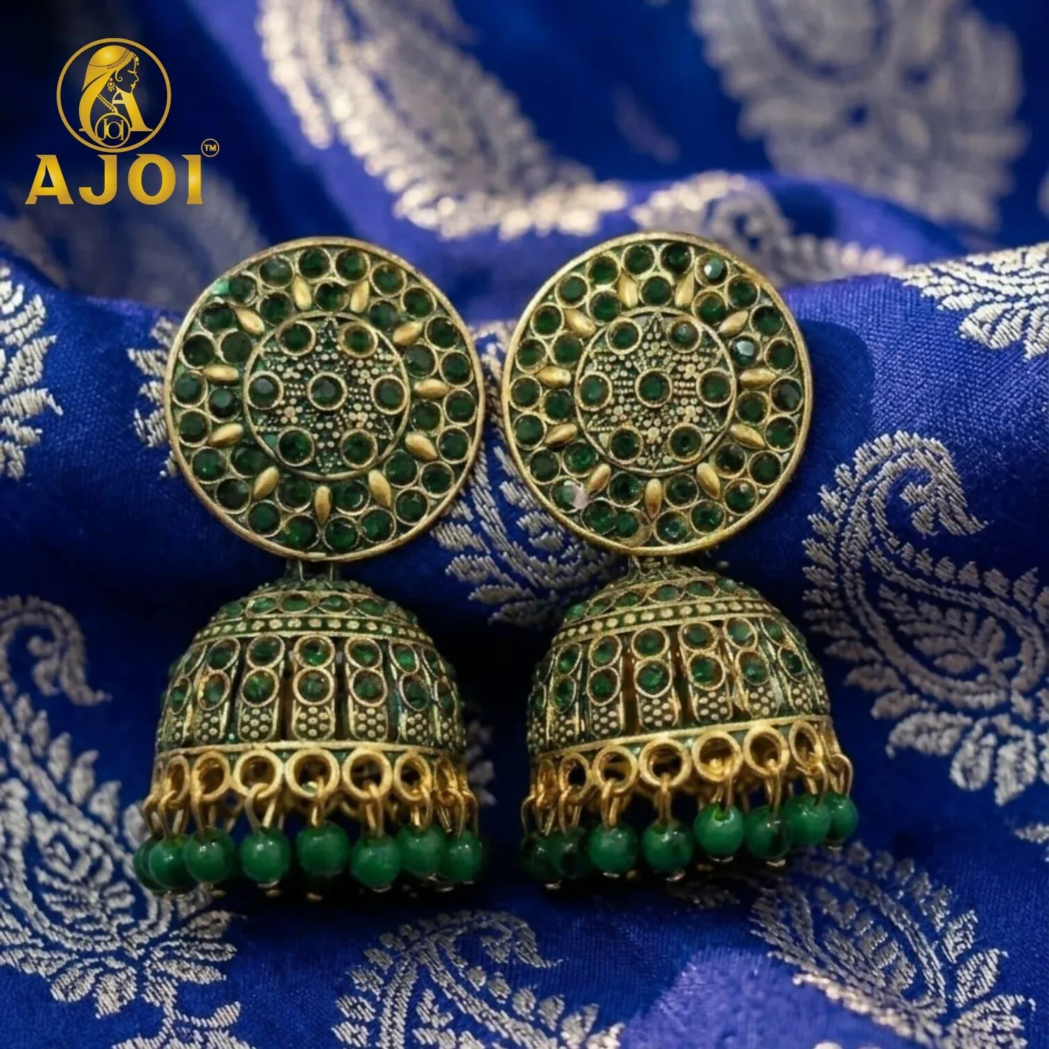 Antique Gold Green Stone Jhumka Earrings Traditional Ethnic Jewelry - Detailed Feature View 2