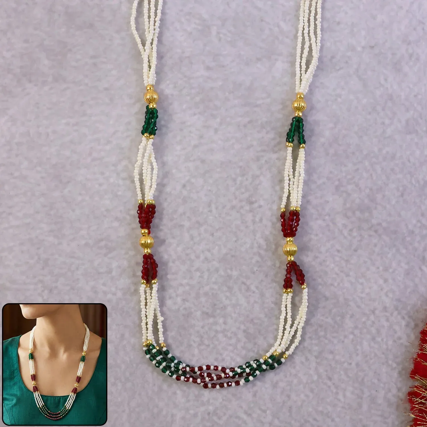 Premium Handmade Multi-Strand Pearl Mala Necklace with Red & Green Beads - Buy Online at Alikart