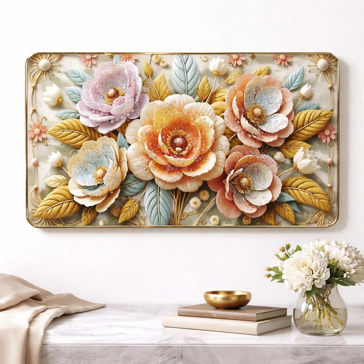 Premium Premium 3D Floral Wall Art Panel – Luxury Golden Frame Home Decor - Buy Online at Alikart