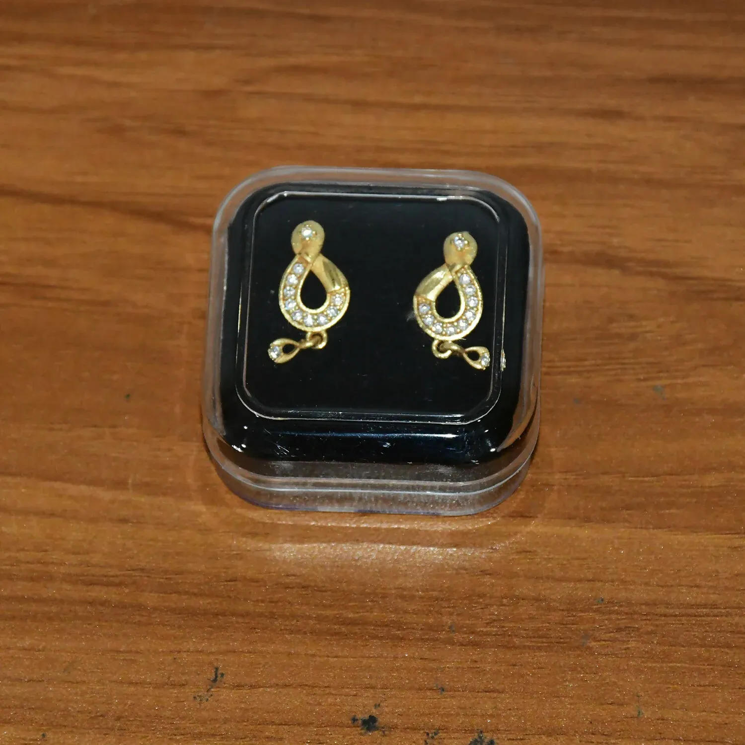 Teardrop Shaped Stud Earrings with Crystal Inlay and Hanging Charm - Detailed Feature View 5