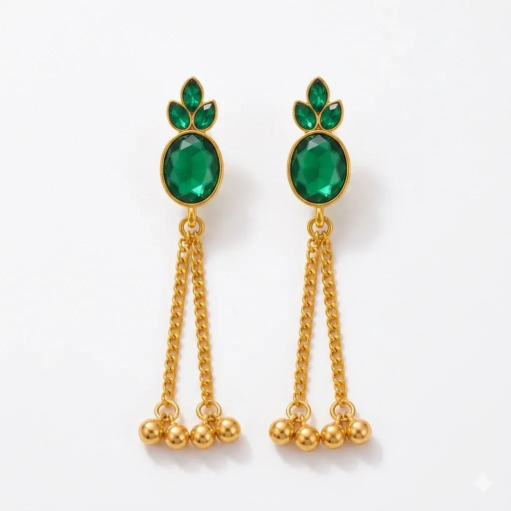 Green Stone Gold Plated Long Tassel Dangler Earrings for Women with Ghungroo Beads - Detailed Feature View 2