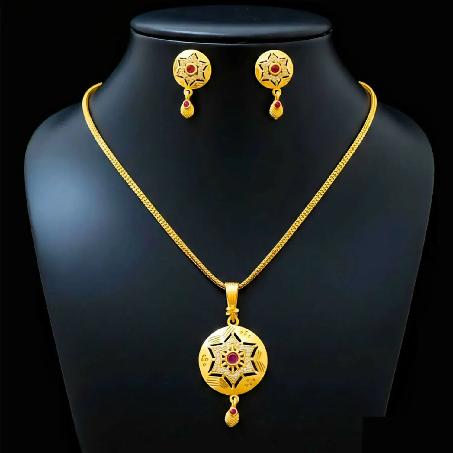 Ad Stone Brass Micro Polish Designer Daily Wear Chain Pendant with matching earrings - Detailed Feature View 2