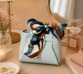 Mini Sky Blue Handbag Organizer with Printed Bow Scarf
