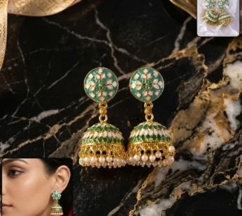 Green Floral Round Jhumka Earrings with Pearls for Women