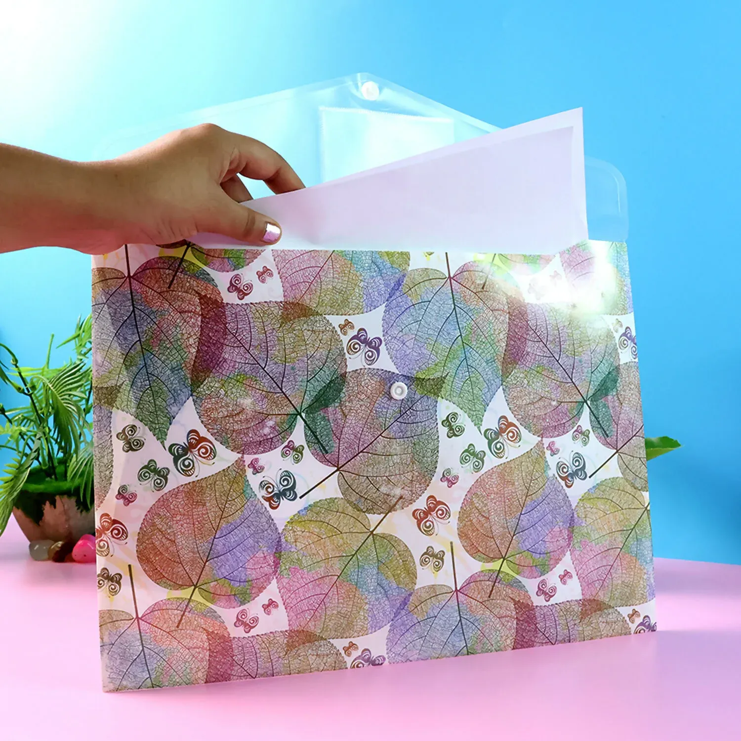 Printed A4 Document Folder – Leaf Design with Button Closure & Label Slot (1 Pc) - Detailed Feature View 2