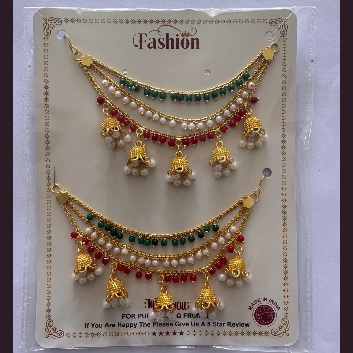 Traditional Gold Finish Tricolor Pearl Jhumki Designer Kanchain for Women - Detailed Feature View 4
