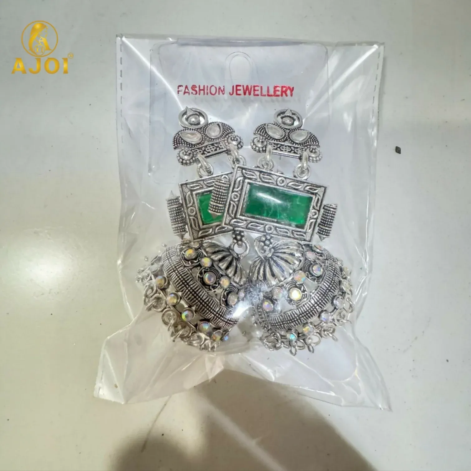 Imperial Heritage Oxidized Silver Jhumka Earrings with Deep Green Stone Earring - Detailed Feature View 4