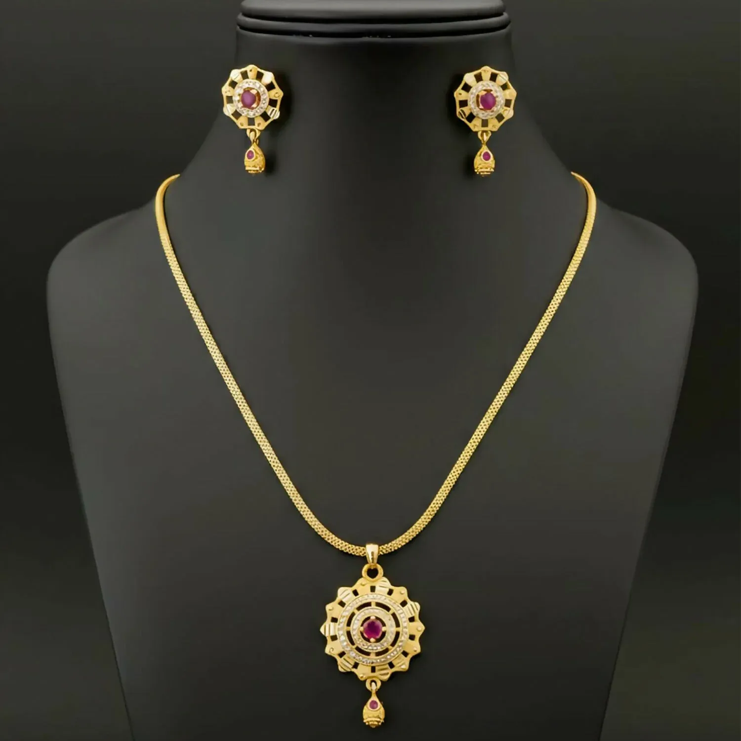 Micro Gold-Plated Ruby and White Stone Pendant Set With Matching Earrings - Detailed Feature View 3