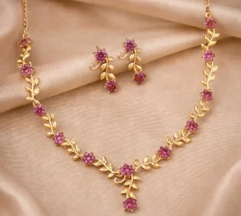 Everlasting Bloom V-Necklace with Ruby Floral Design and Elegant Gold Detailing,The Crimson Vine Collection (Geri Lal Bel), Ruby Petals Harmony Set, Nature’s Bloom Red Necklace, Garnet Glint Set, Floral Splendor ruby set