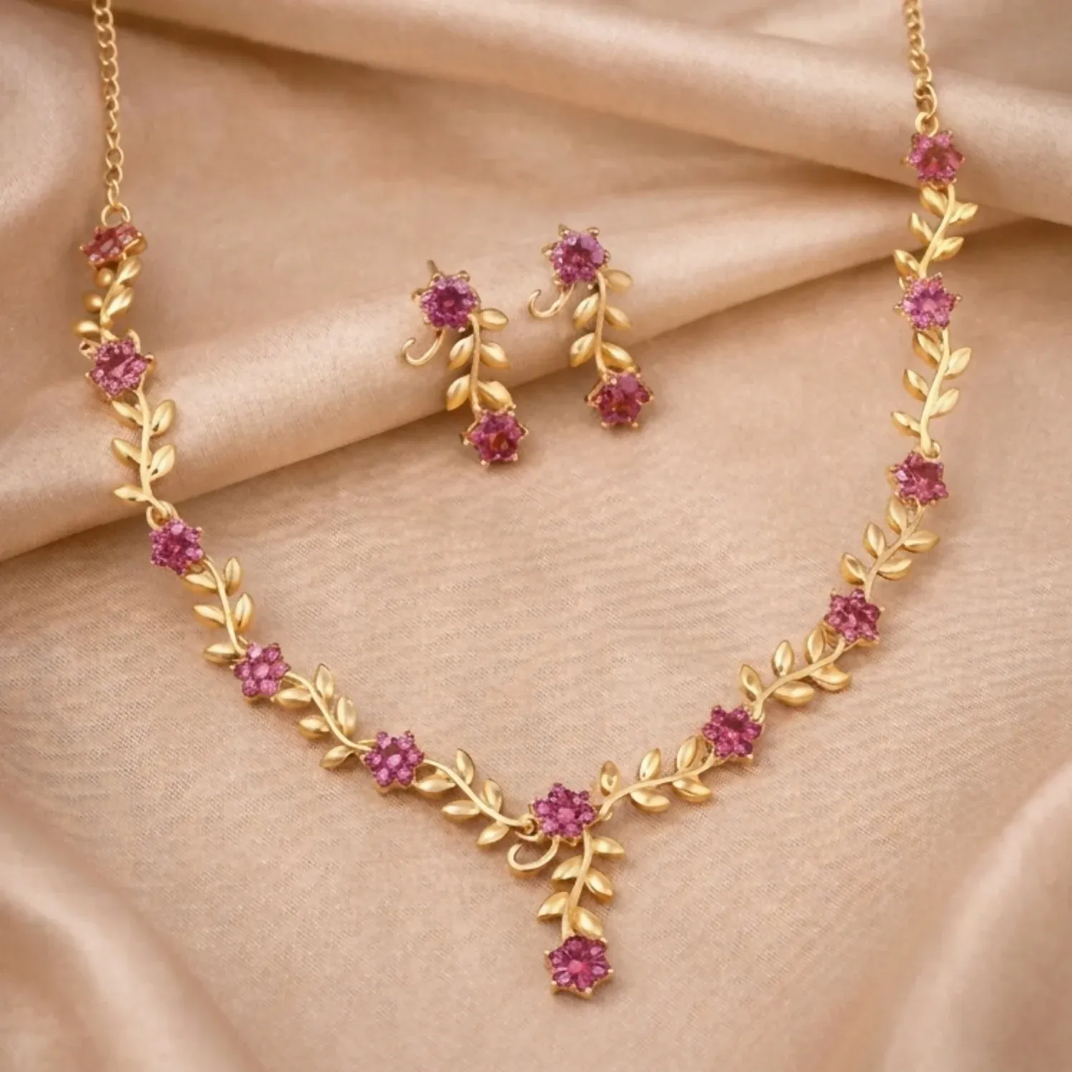 Premium Everlasting Bloom V-Necklace with Ruby Floral Design and Elegant Gold Detailing,The Crimson Vine Collection (Geri Lal Bel), Ruby Petals Harmony Set, Nature’s Bloom Red Necklace, Garnet Glint Set, Floral Splendor ruby set - Buy Online at Alikart