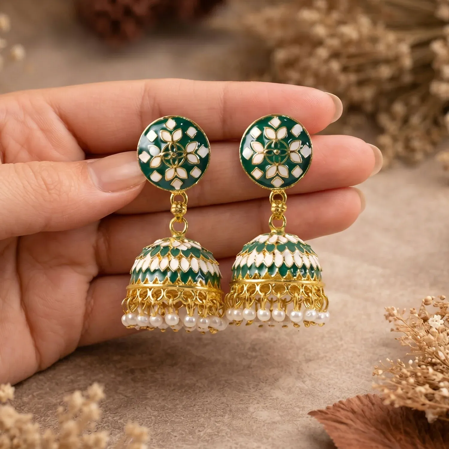 Green Round Stud Jhumka Earrings with Pearl Drops for Women - Detailed Feature View 4