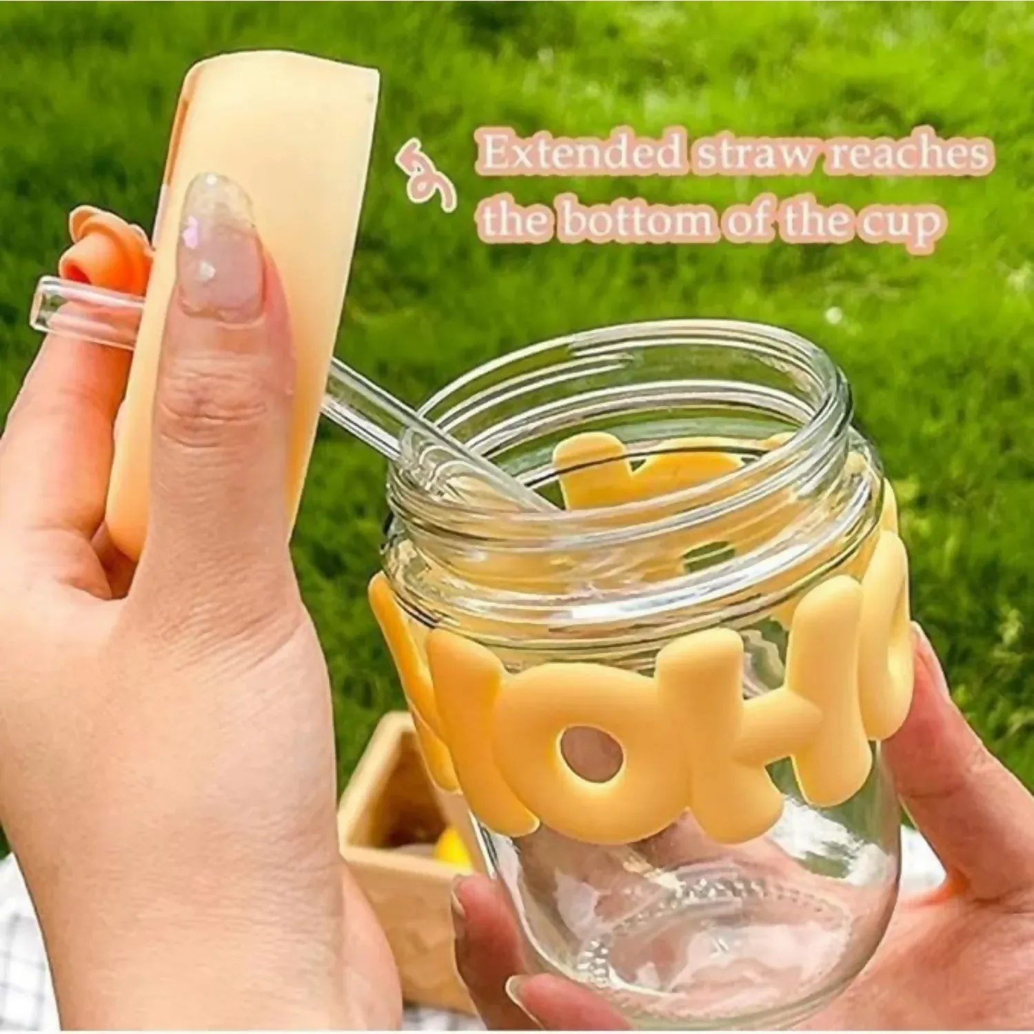 HOHO Pastel Yellow Glass Milk Jar with Straw & Silicone Lid – 350ml Leakproof Tumbler - Detailed Feature View 1