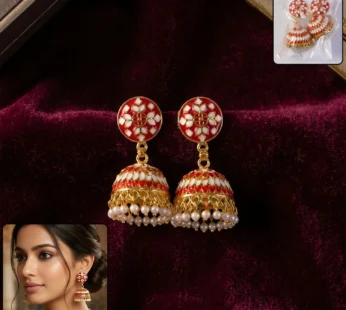 Red Floral Jhumka Earrings with Pearl Beads for Women