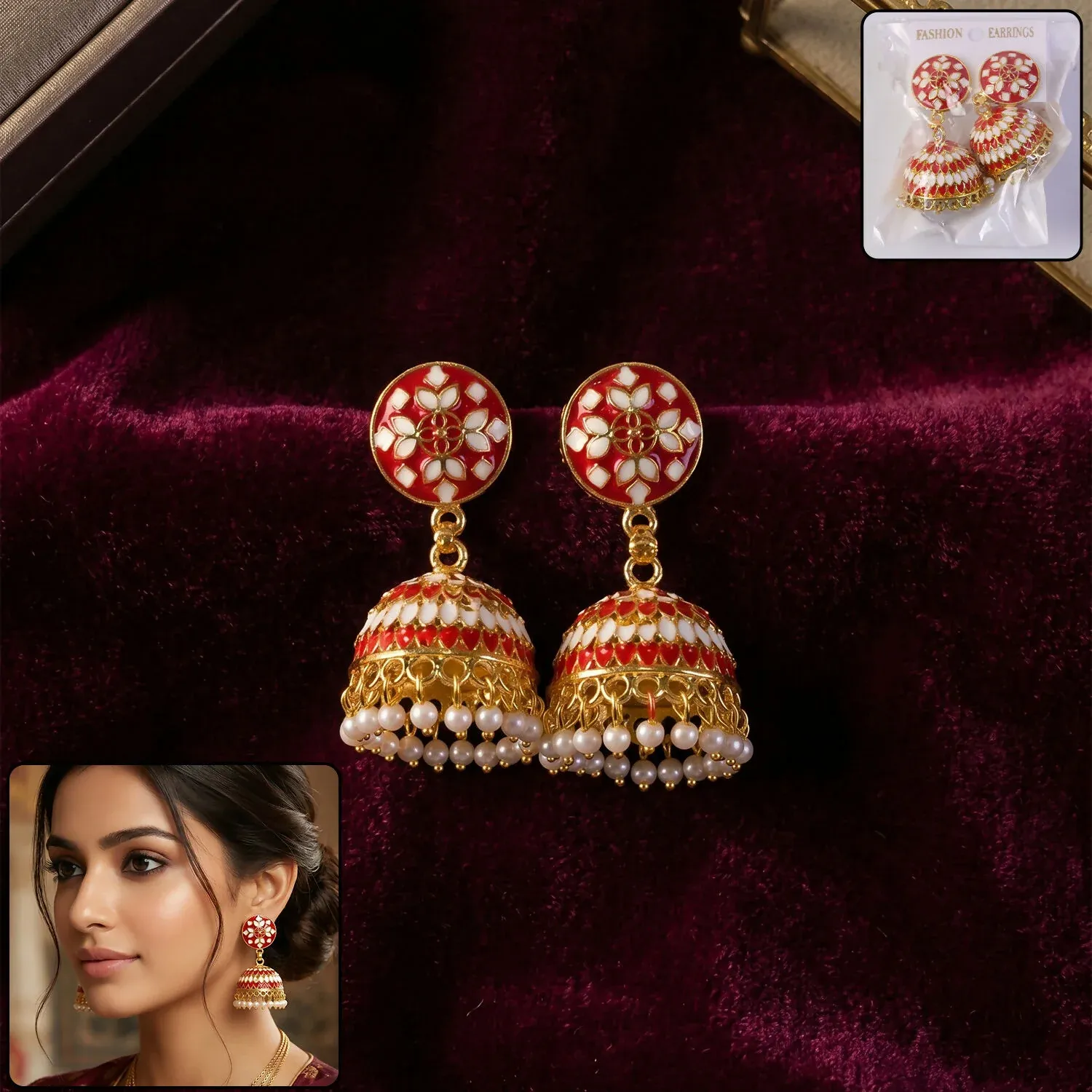 Premium Red Floral Jhumka Earrings with Pearl Beads for Women - Buy Online at Alikart