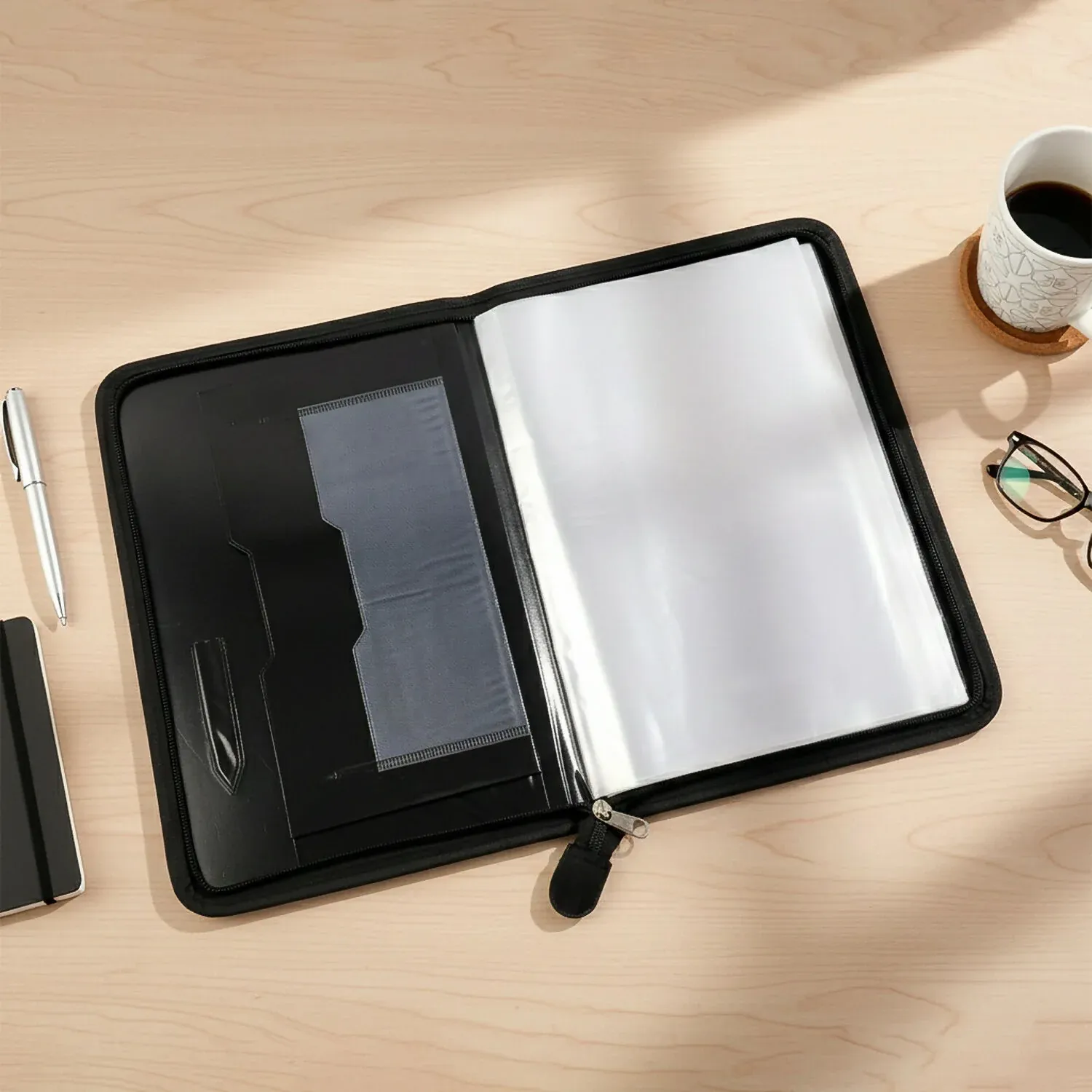 Executive Zipper Document File Folder with 20 Clear Sleeves - Detailed Feature View 1