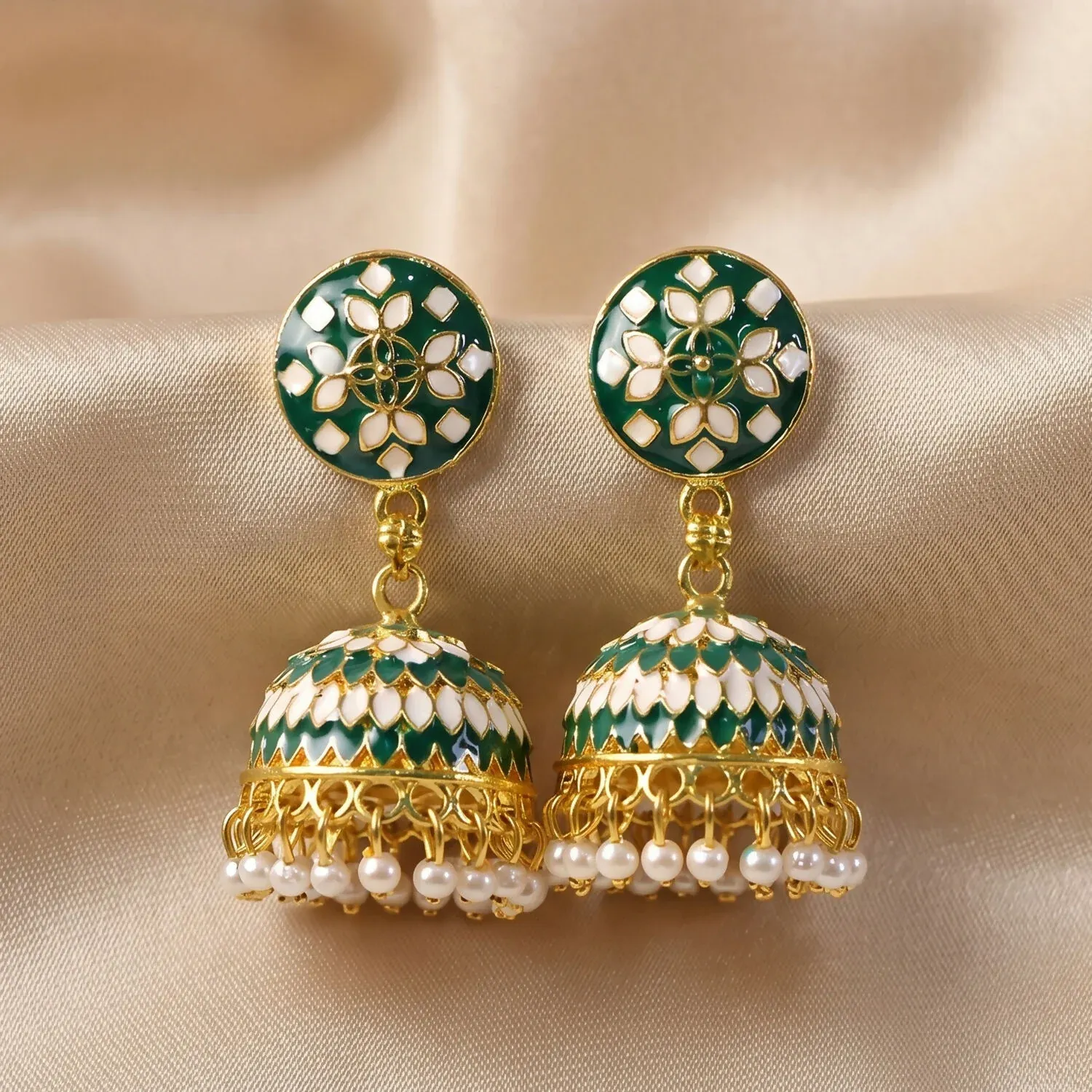 Green Round Stud Jhumka Earrings with Pearl Drops for Women - Detailed Feature View 1