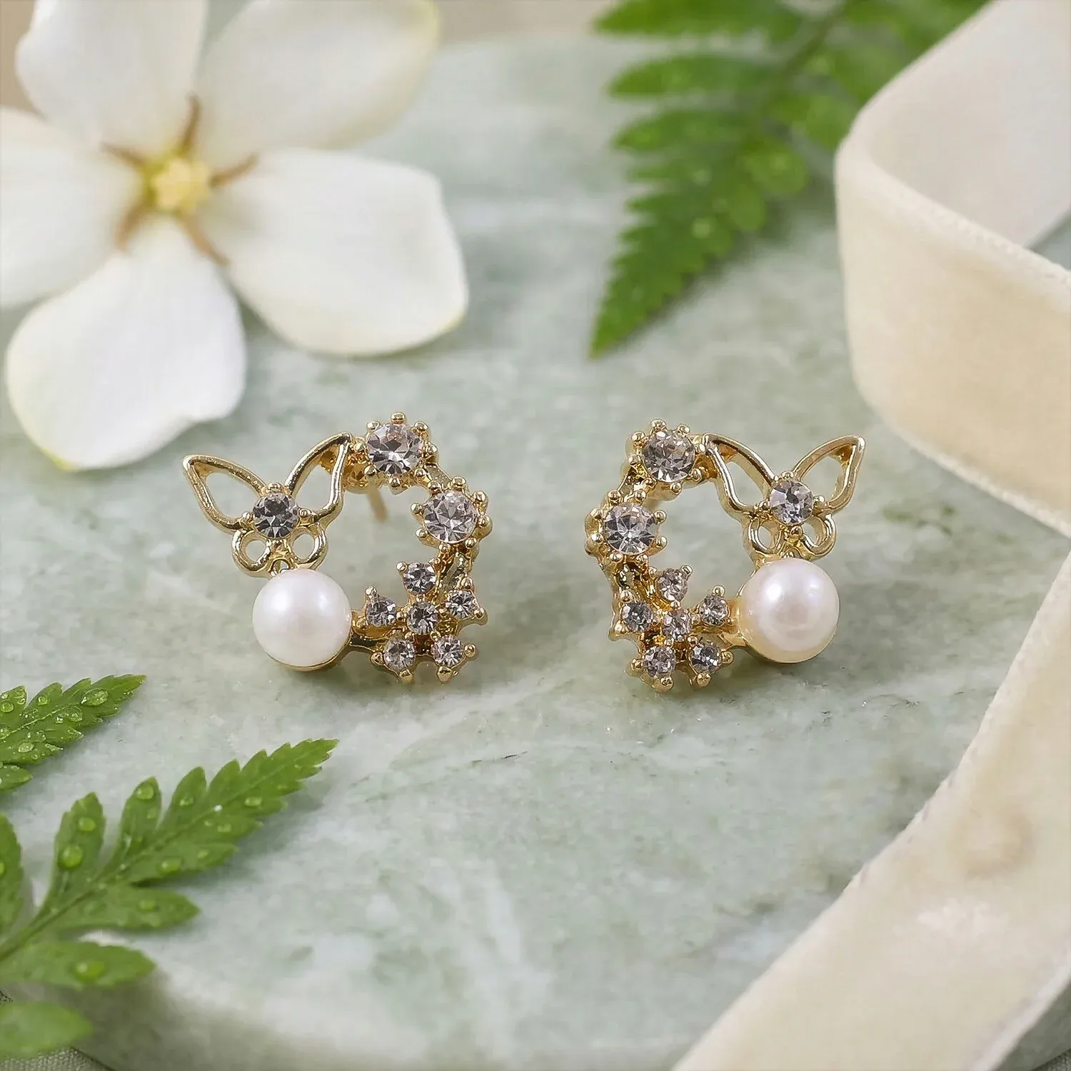 Butterfly Pearl Crystal Stud Earrings for Women & Girls - Detailed Feature View 1