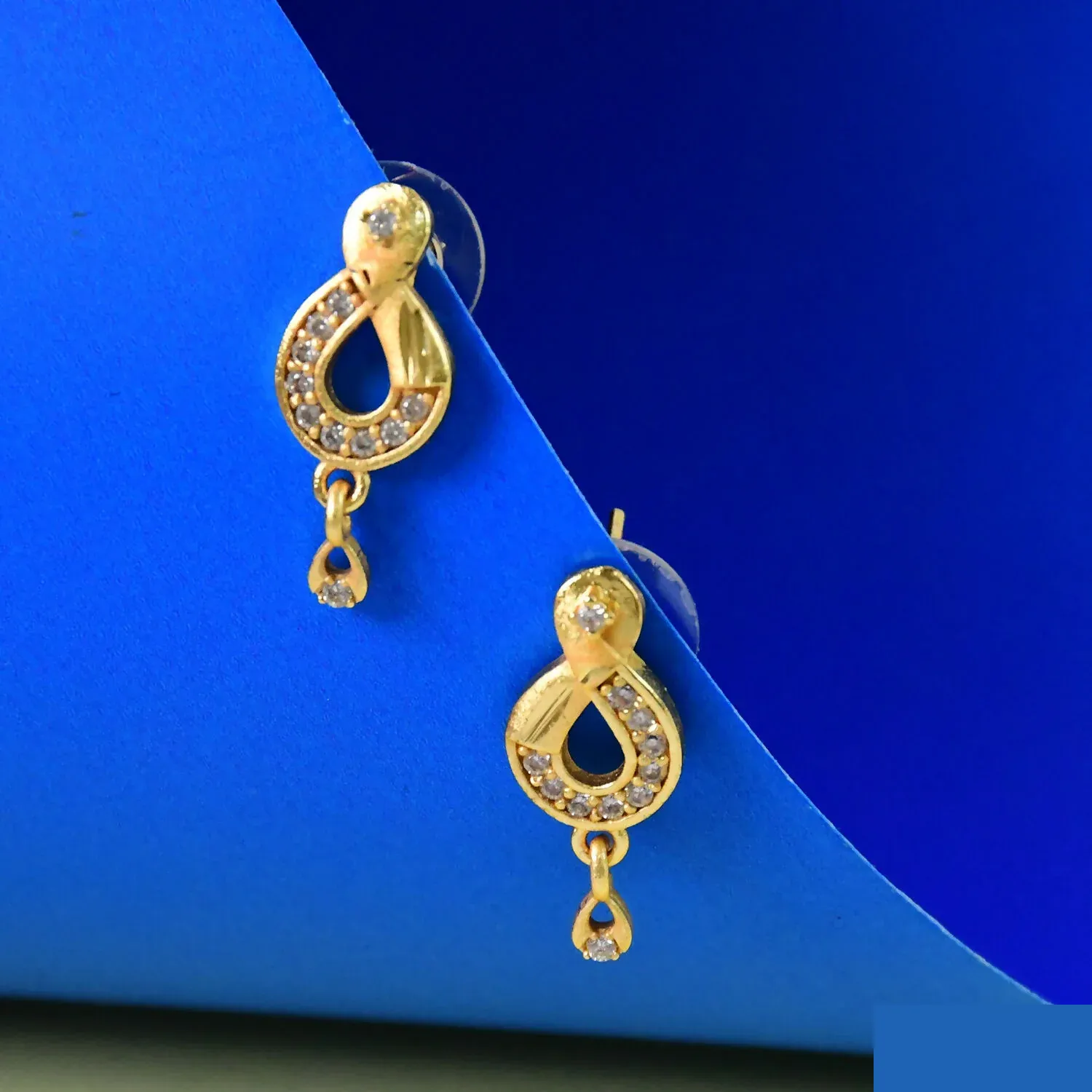 Teardrop Shaped Stud Earrings with Crystal Inlay and Hanging Charm - Detailed Feature View 2