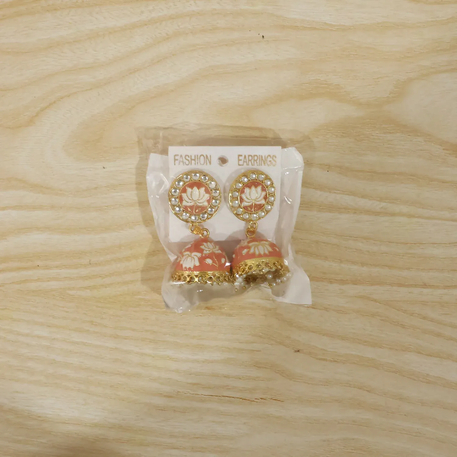 Peach Lotus Design Gold Tone Jhumka Earrings with Pearl Beads - Detailed Feature View 6