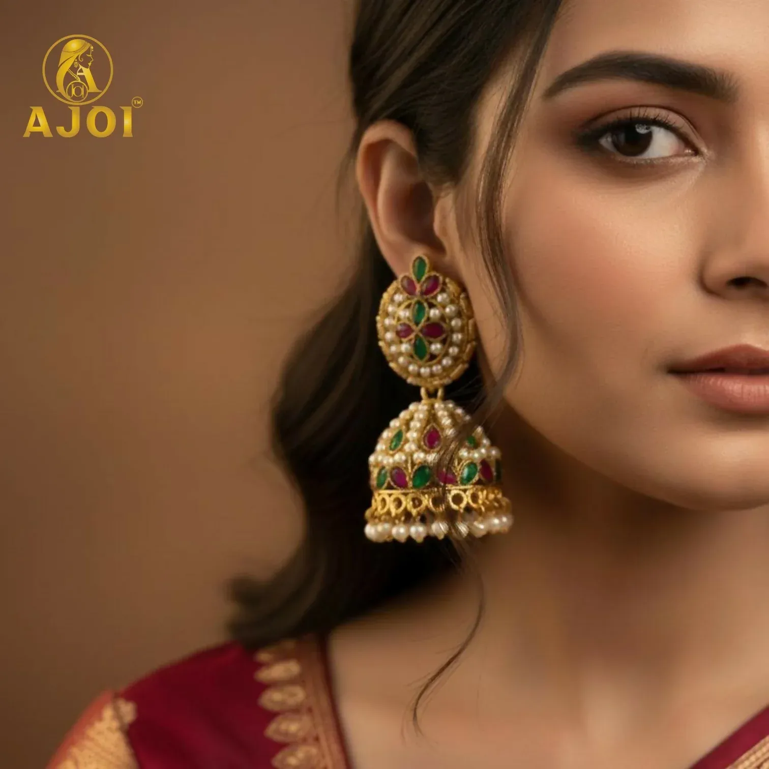 Exquisite Traditional Kundan Jhumka Earrings with Ruby & Emerald Stones, Handcrafted Gold-Tone Pearl Drop Bridal Jewelry - Detailed Feature View 1
