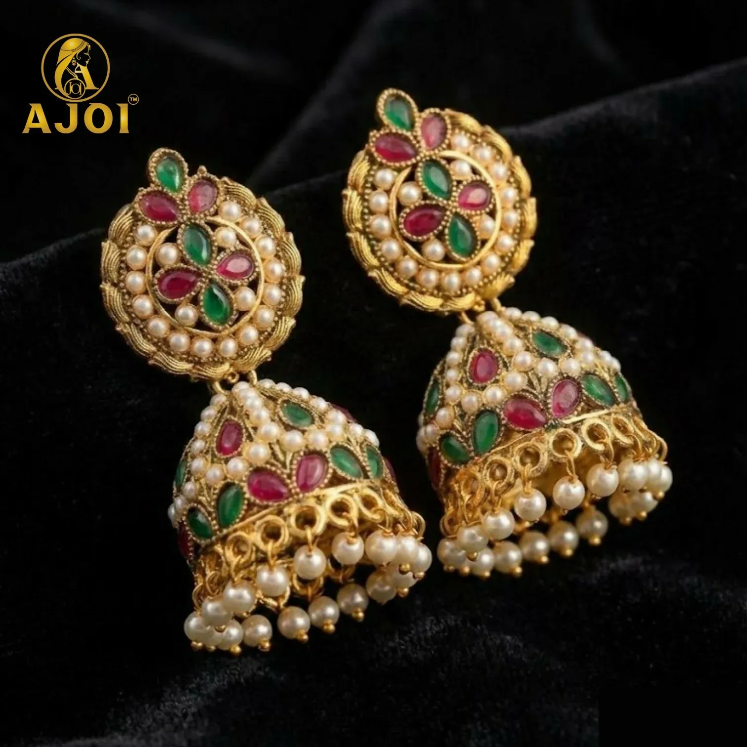 Exquisite Traditional Kundan Jhumka Earrings with Ruby & Emerald Stones, Handcrafted Gold-Tone Pearl Drop Bridal Jewelry - Detailed Feature View 3