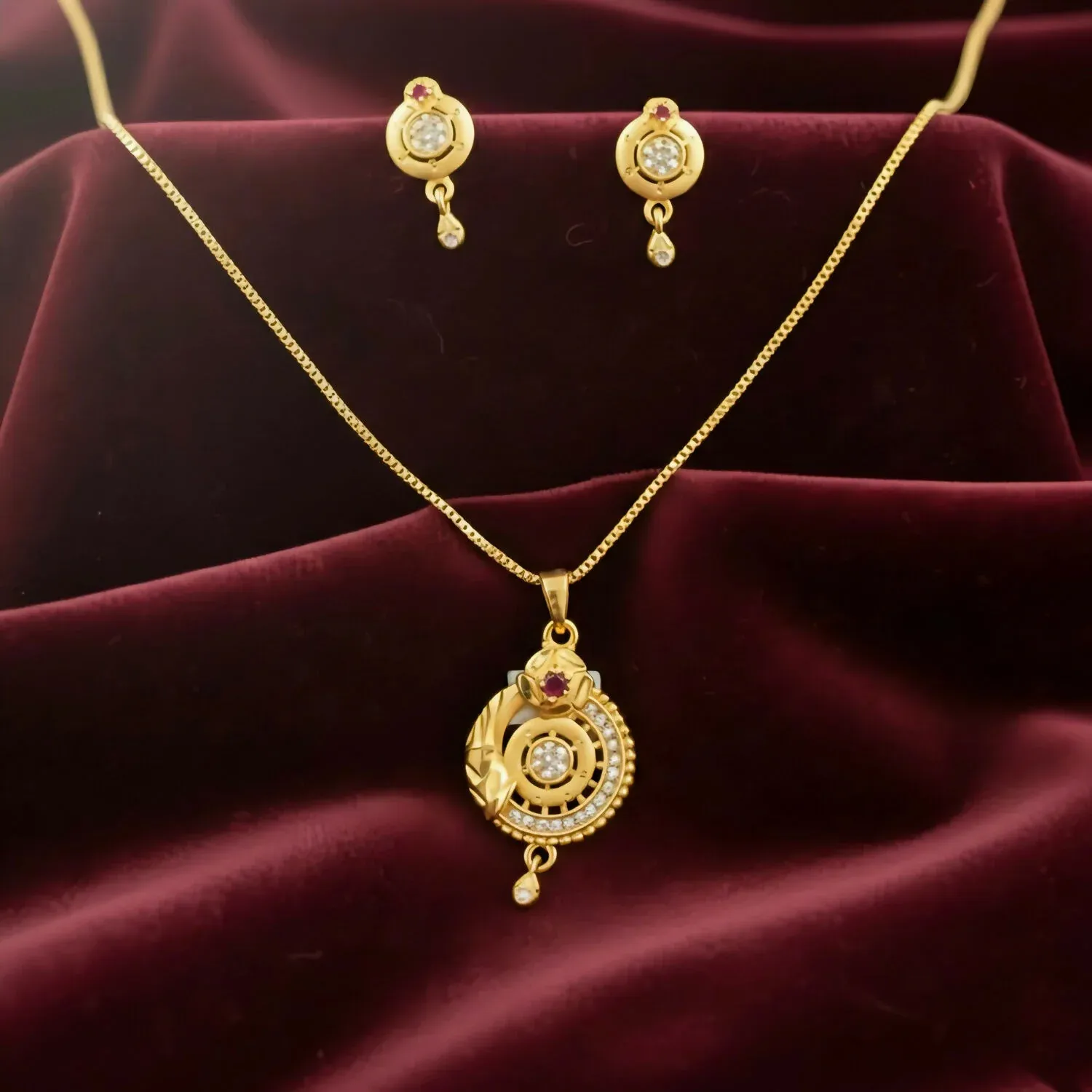 Gold-Plated Circular Pendant Necklace with Matching Drop Earrings set - Detailed Feature View 3