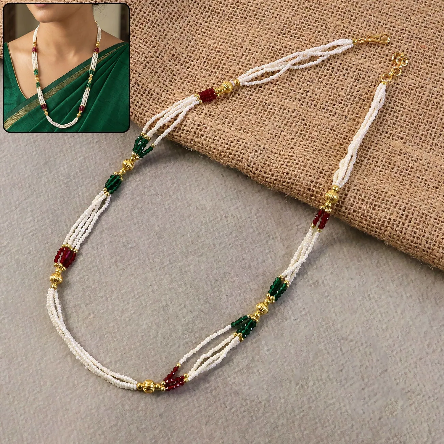 Premium Handmade White Beaded Mala Necklace with Gold Accents for Women - Buy Online at Alikart