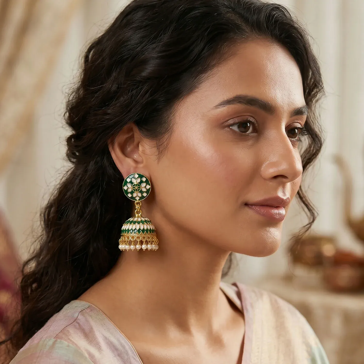 Green Round Stud Jhumka Earrings with Pearl Drops for Women - Detailed Feature View 2