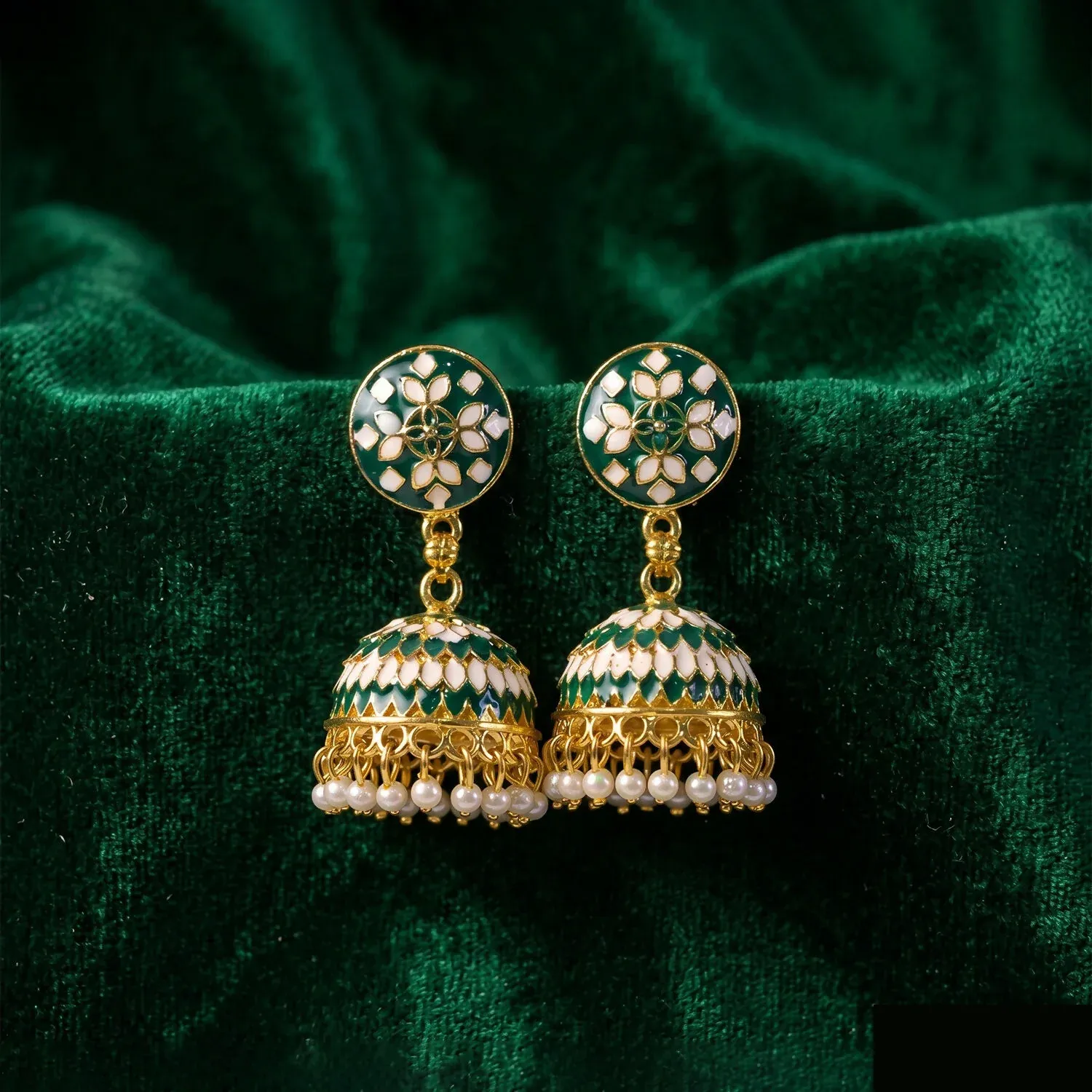 Green Round Stud Jhumka Earrings with Pearl Drops for Women - Detailed Feature View 5