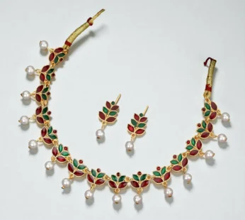 Rose Gold-Tone Bright Red & Green Enamel Lotus Choker Set
