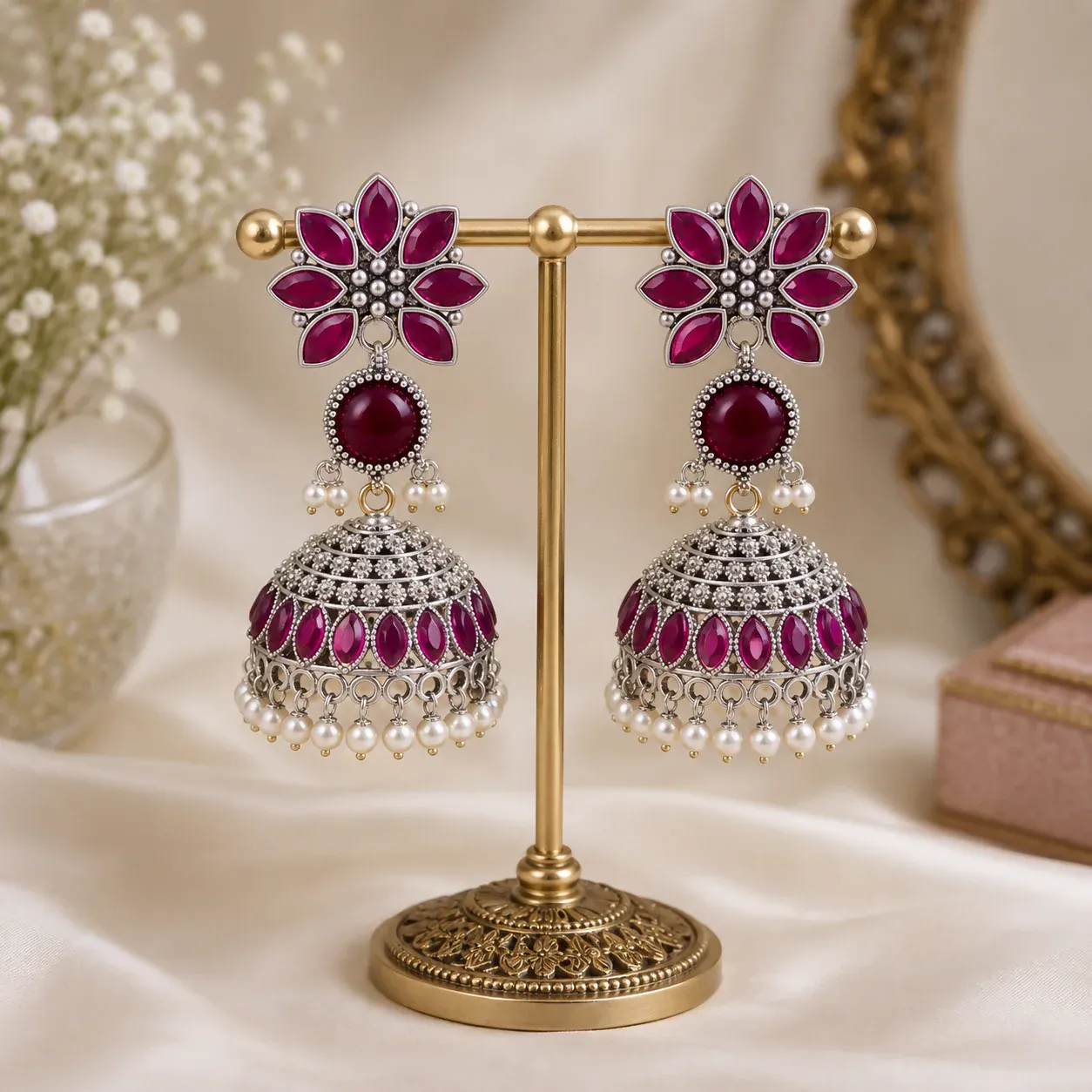 Oxidized Silver Jhumkha Earrings with Lilac Stones & Lavender Beads - Detailed Feature View 3
