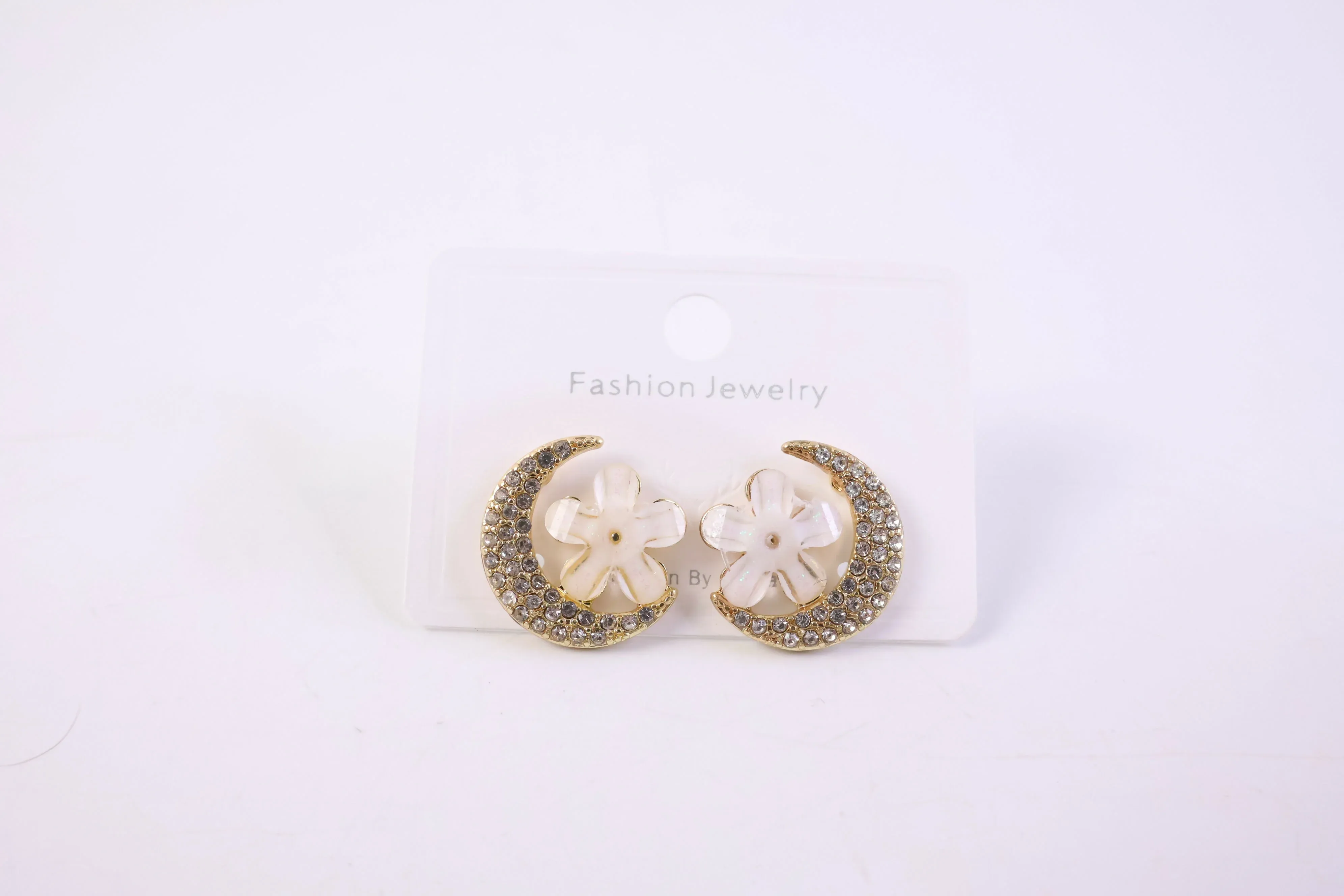 Elegant Gold Moon & Flower Crystal Stud Earrings for Women - Detailed Feature View 3