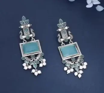 Oxidized Silver Blue Stone Pearl Drop Earrings – Traditional Design