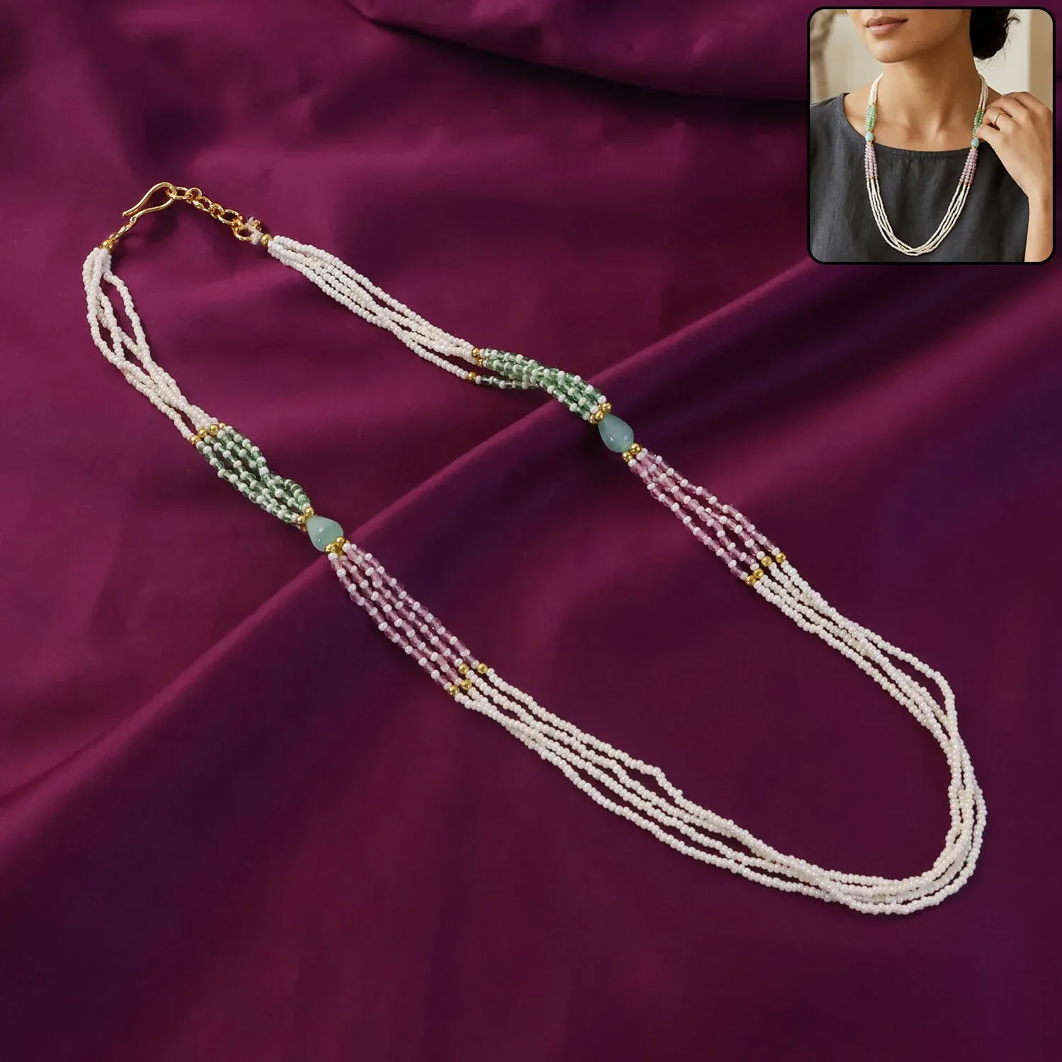 Layered Pearl Mala Necklace with Pastel Green & Pink Beads - Detailed Feature View 2
