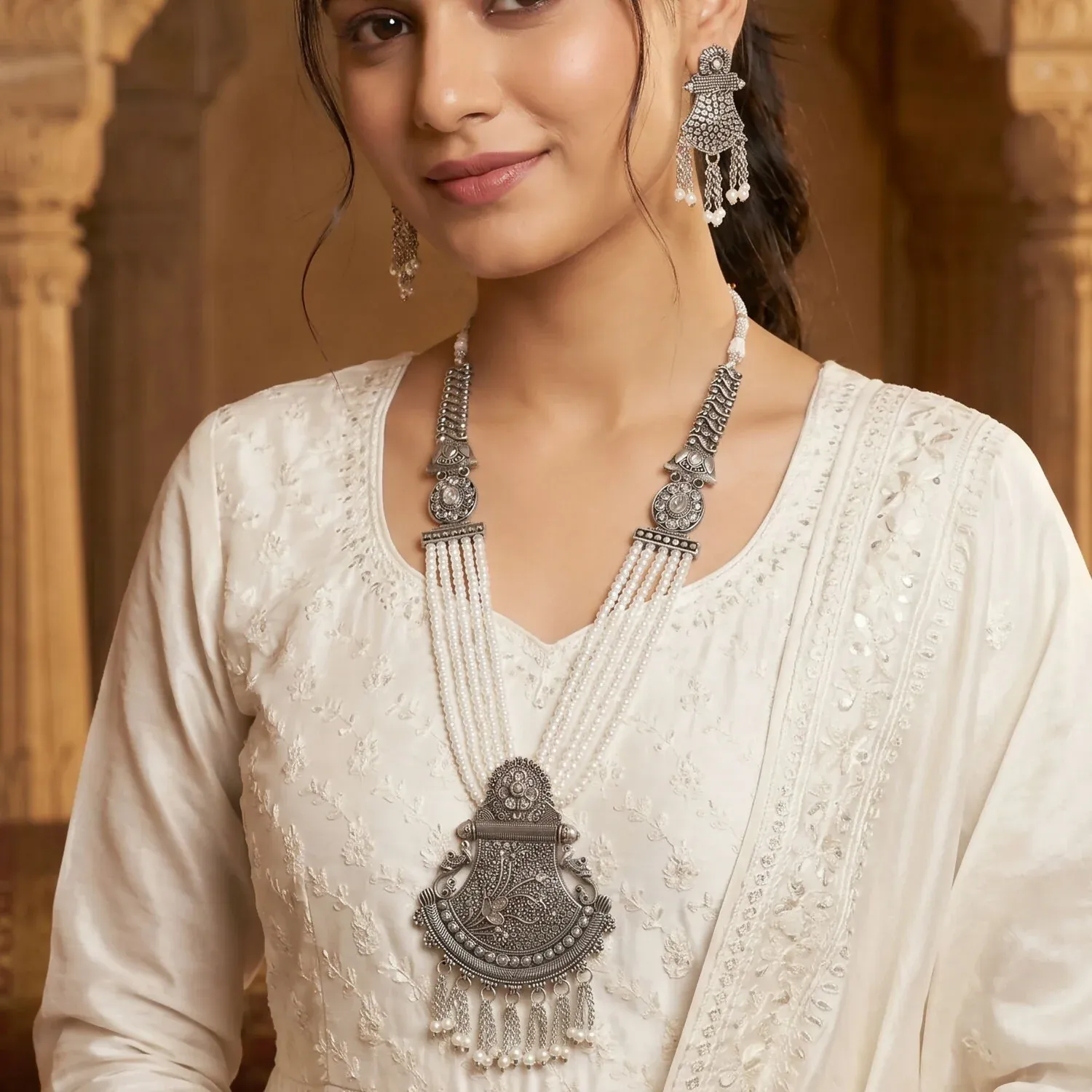 Traditional Silver Necklace Set with Ornate Pendant and Earrings - Detailed Feature View 4