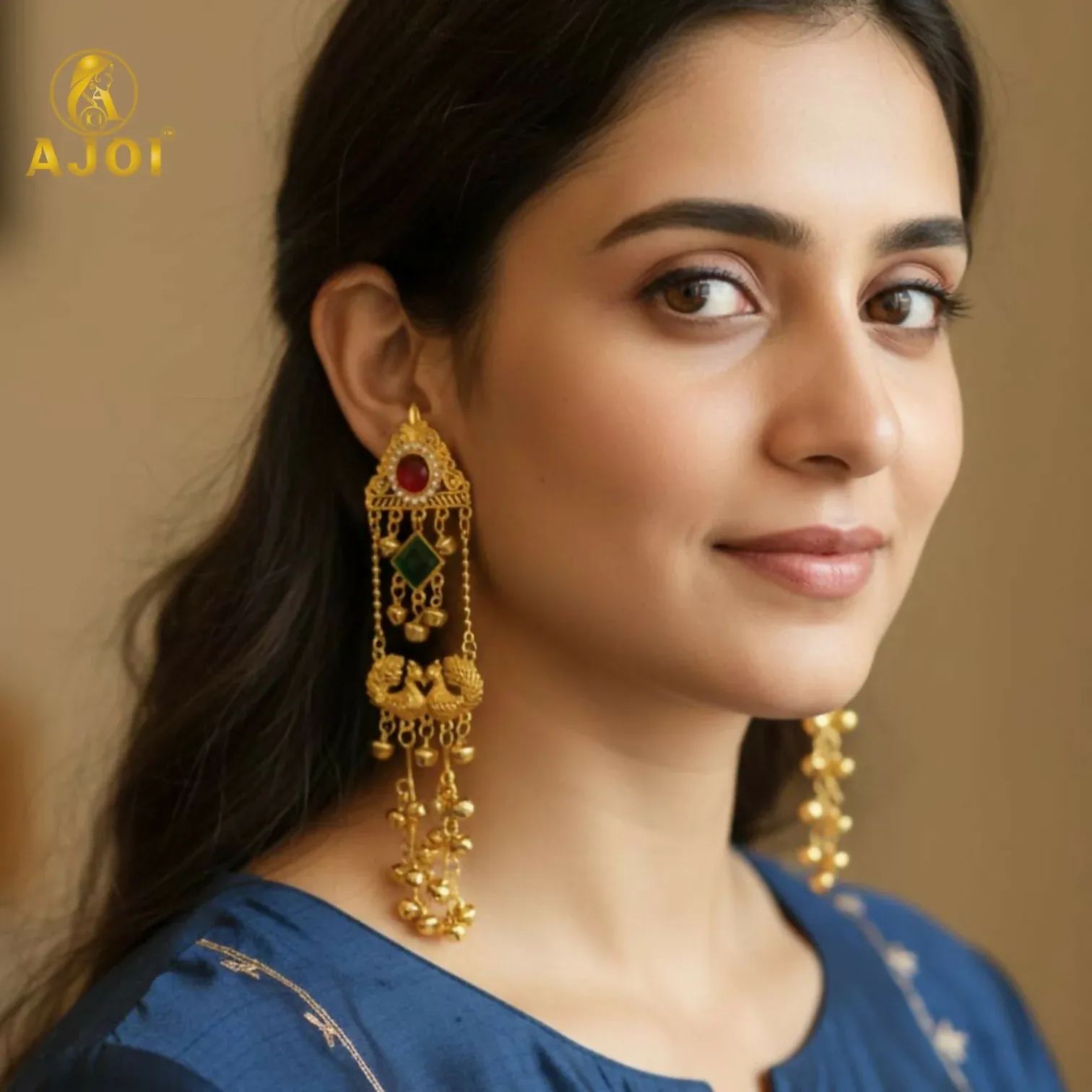 Royal Kashmiri Peacock Jhumka Earrings with Red & Green Stone - Detailed Feature View 1