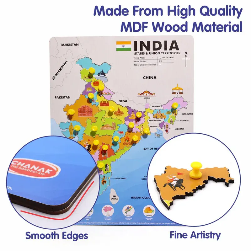 Aditi India Map Wooden Puzzle with Pegs for State Learning & Geography Play - Detailed Feature View 2