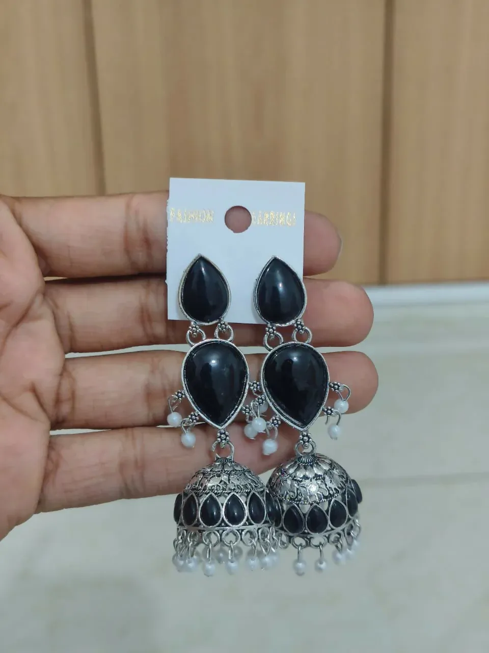 Elegant Oxidised Silver Black Stone Jhumka Earrings with Pearls - Detailed Feature View 3