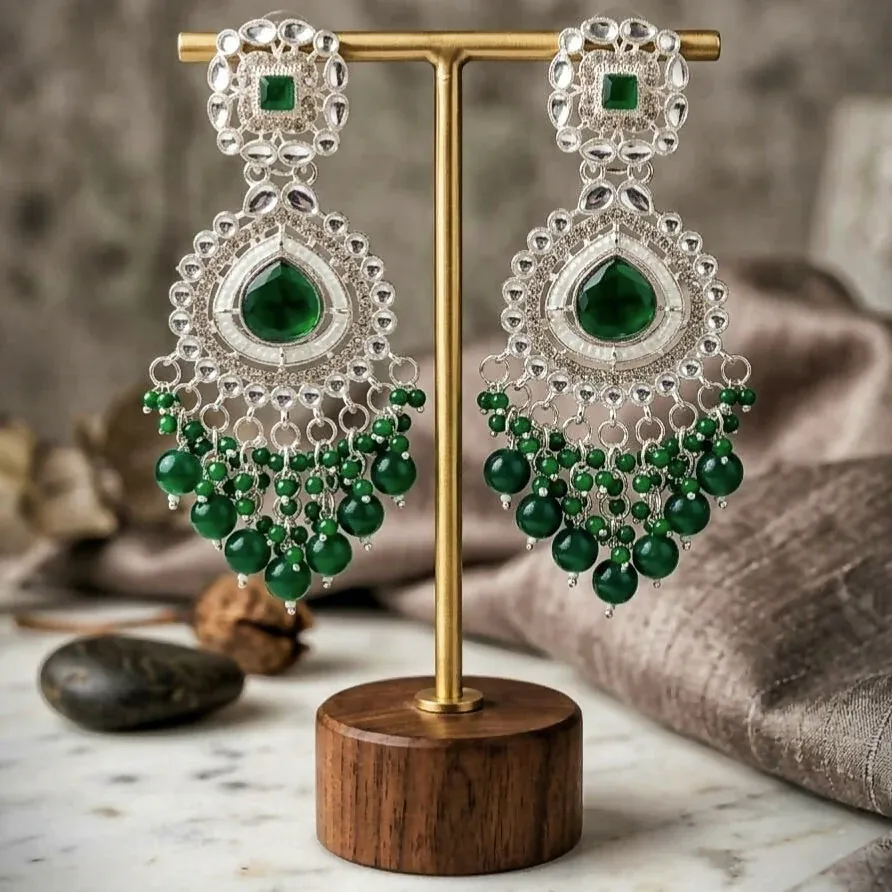Emerald Green Kundan & Pearl Chandbali Earrings – Silver-Toned Festive Jhumkas - Detailed Feature View 1
