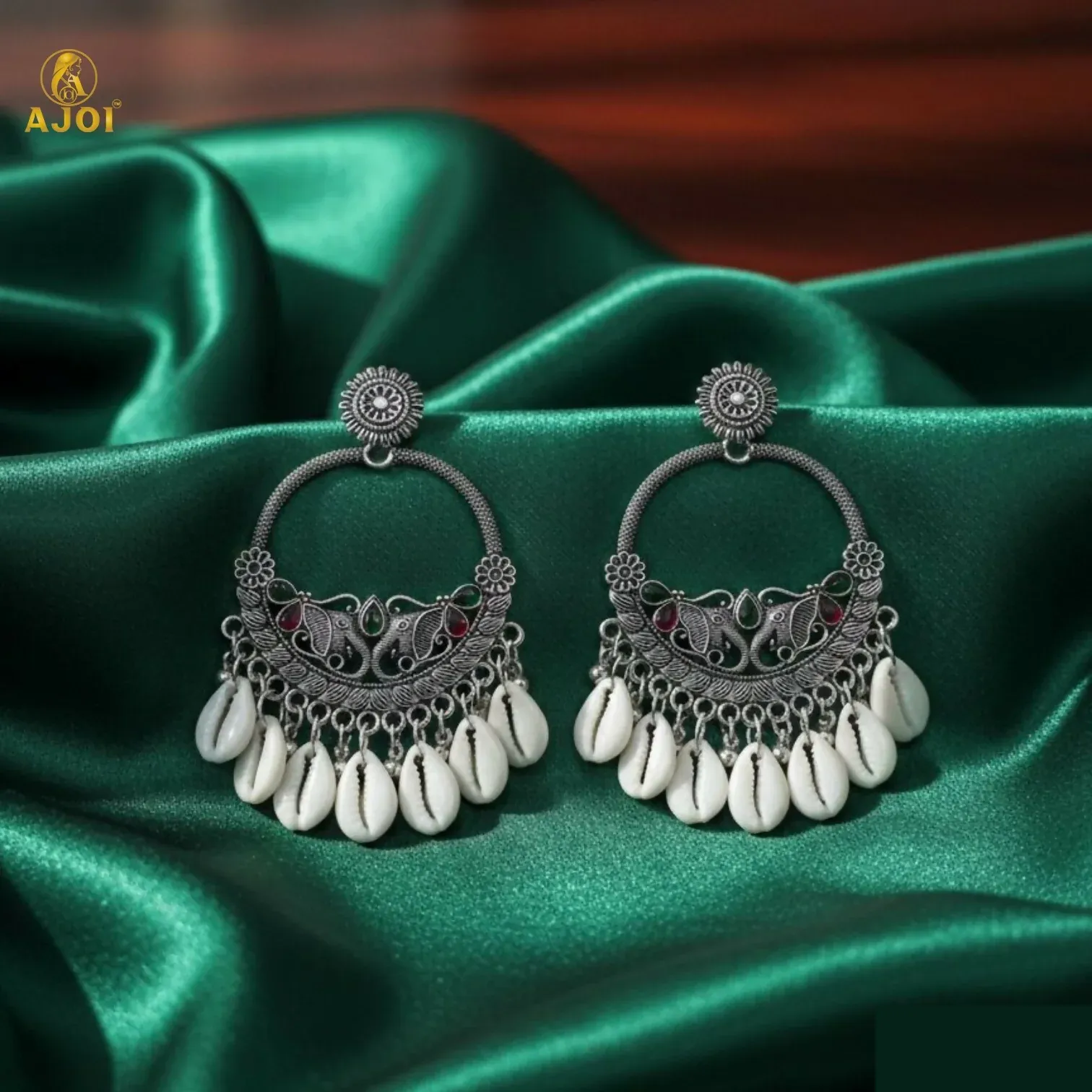 Premium Royal Elephant Oxidized Silver Shell Chandbali Earrings with Handcrafted Motifs - Buy Online at Alikart