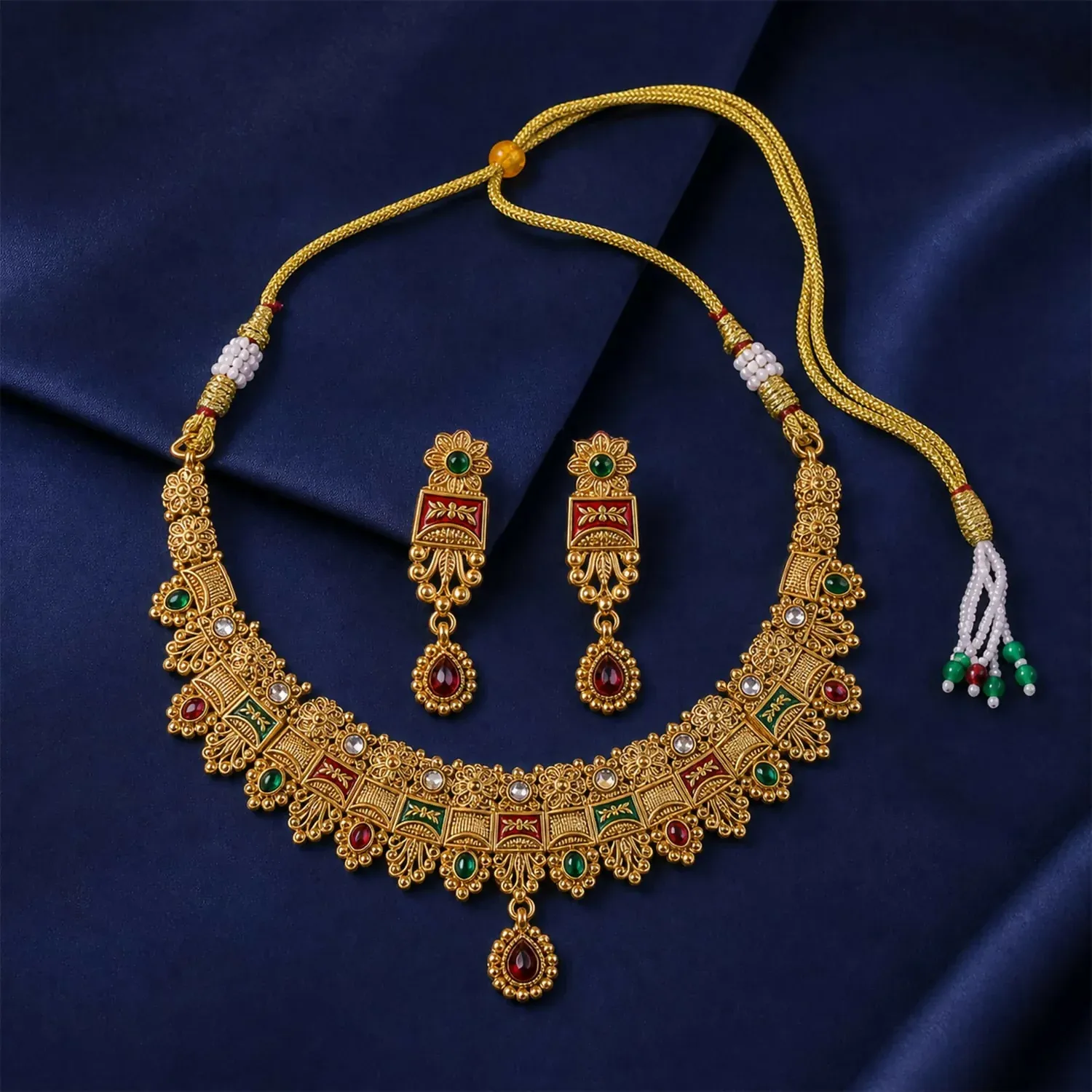 Rajwadi Mayura Antique Gold Kundan Meenakari Choker Necklace Set with Drop Earrings - Detailed Feature View 3