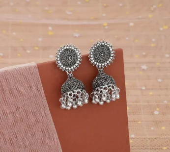 Classic Oxidised Silver Jhumka Earrings with Round Stud