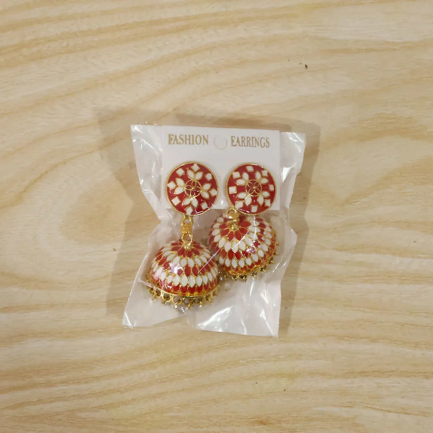 Red Floral Jhumka Earrings with Pearl Beads for Women - Detailed Feature View 6