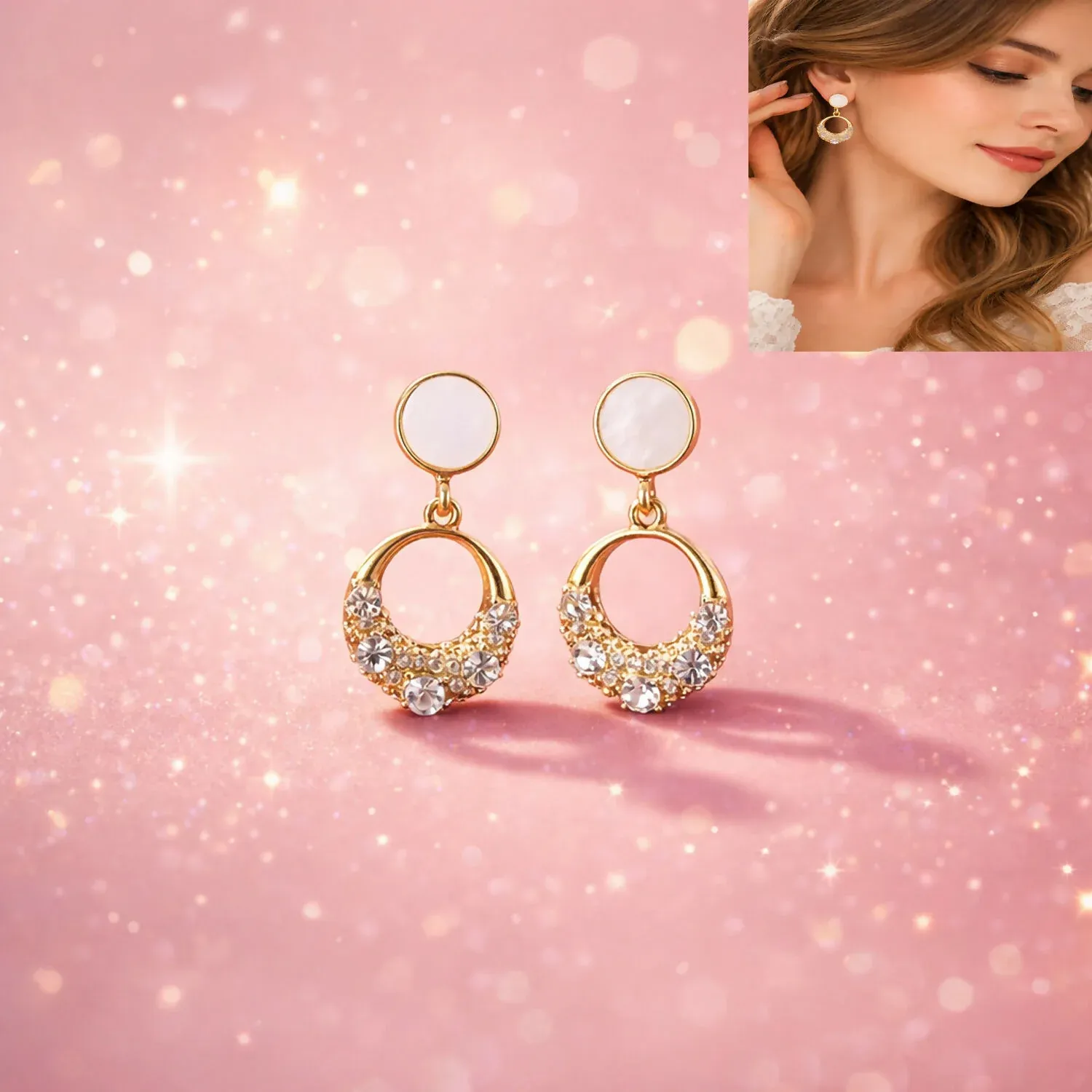 Elegant Gold Crystal Drop Earrings with Pearl Top for Women - Detailed Feature View 3