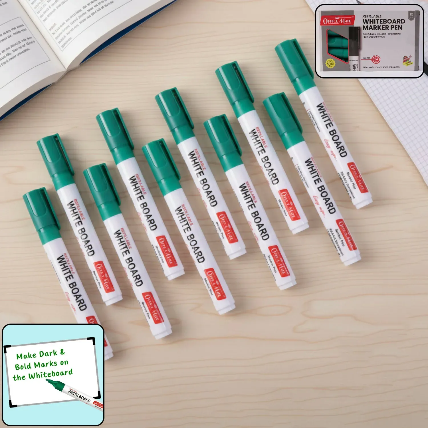 Premium Refillable Green Whiteboard Marker Pen Set of 10 with Bullet Tip - Buy Online at Alikart