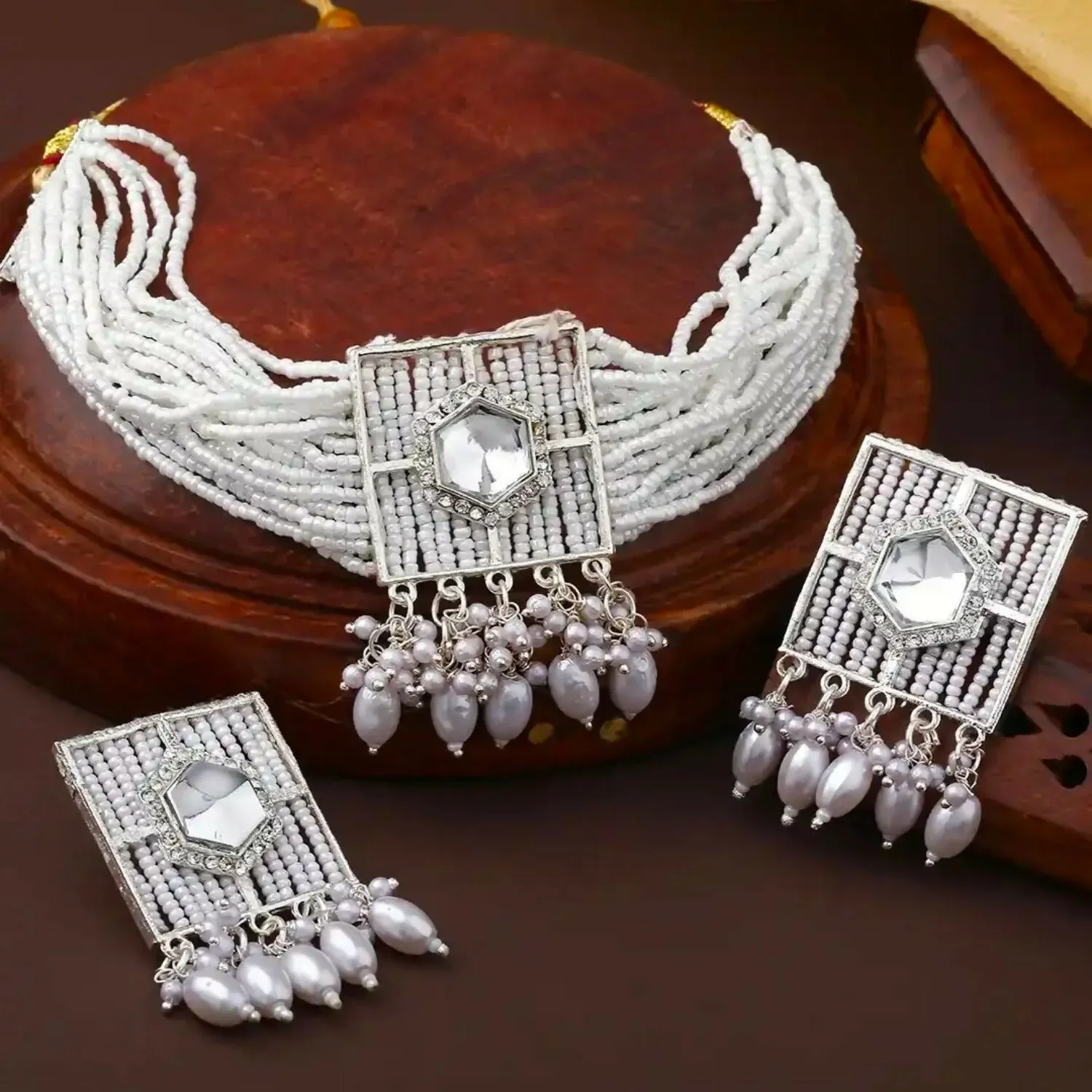 Premium Beautifully Premium Quality Pearl Choker Necklace With Beautiful Earrings - Buy Online at Alikart