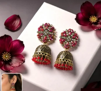 Antique Golden Jhumka Earrings with Red Bead & Floral Design