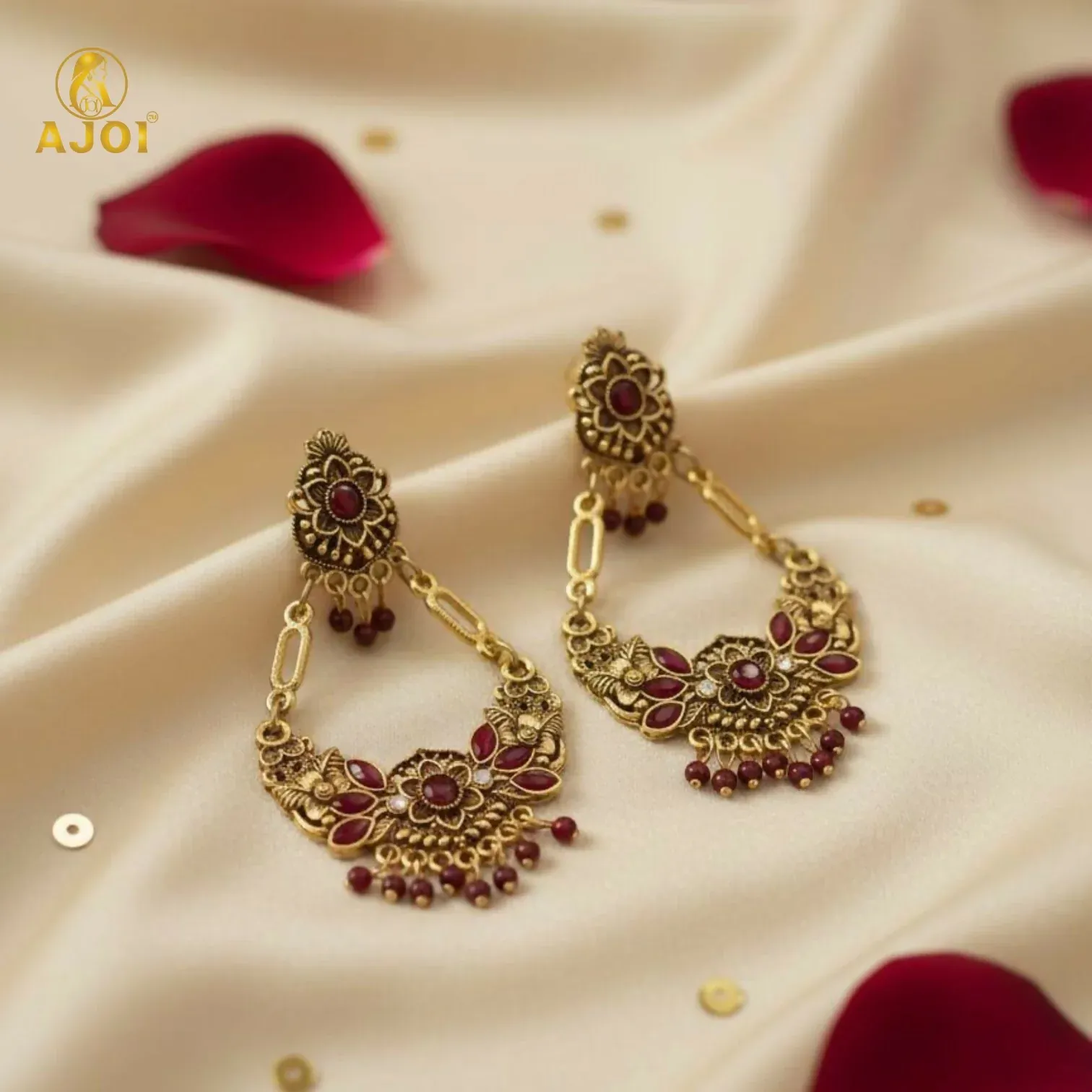 Vintage Maroon Floral Chandbali Earrings with Maroon Enamel Accents - Detailed Feature View 2
