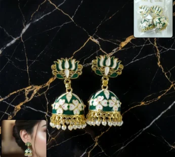 Green Lotus Jhumka Earrings with Pearl Beads for Women