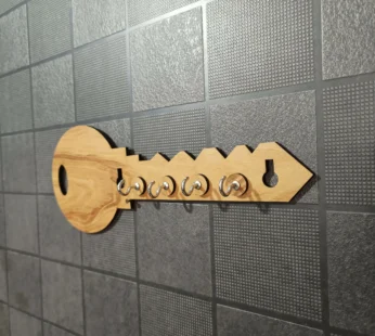 Key-Shaped Wooden Wall Key Holder with 5 Metal Hooks